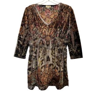 ONE WORLD Gold & Gray Abstract Print Velvet V-Neck Tunic w/ 3/4 Sleeves - Medium
